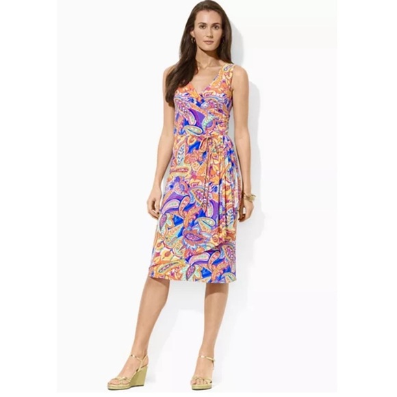 LAUREN RALPH LAUREN Paisley Dress Stretchy Surplice Sleeveless Tie Belt - Picture 2 of 8